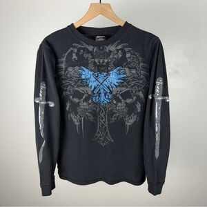 Vintage Y2K MMA Elite Black Long Sleeve Thermal T Shirt Dagger Skulls Goth Small